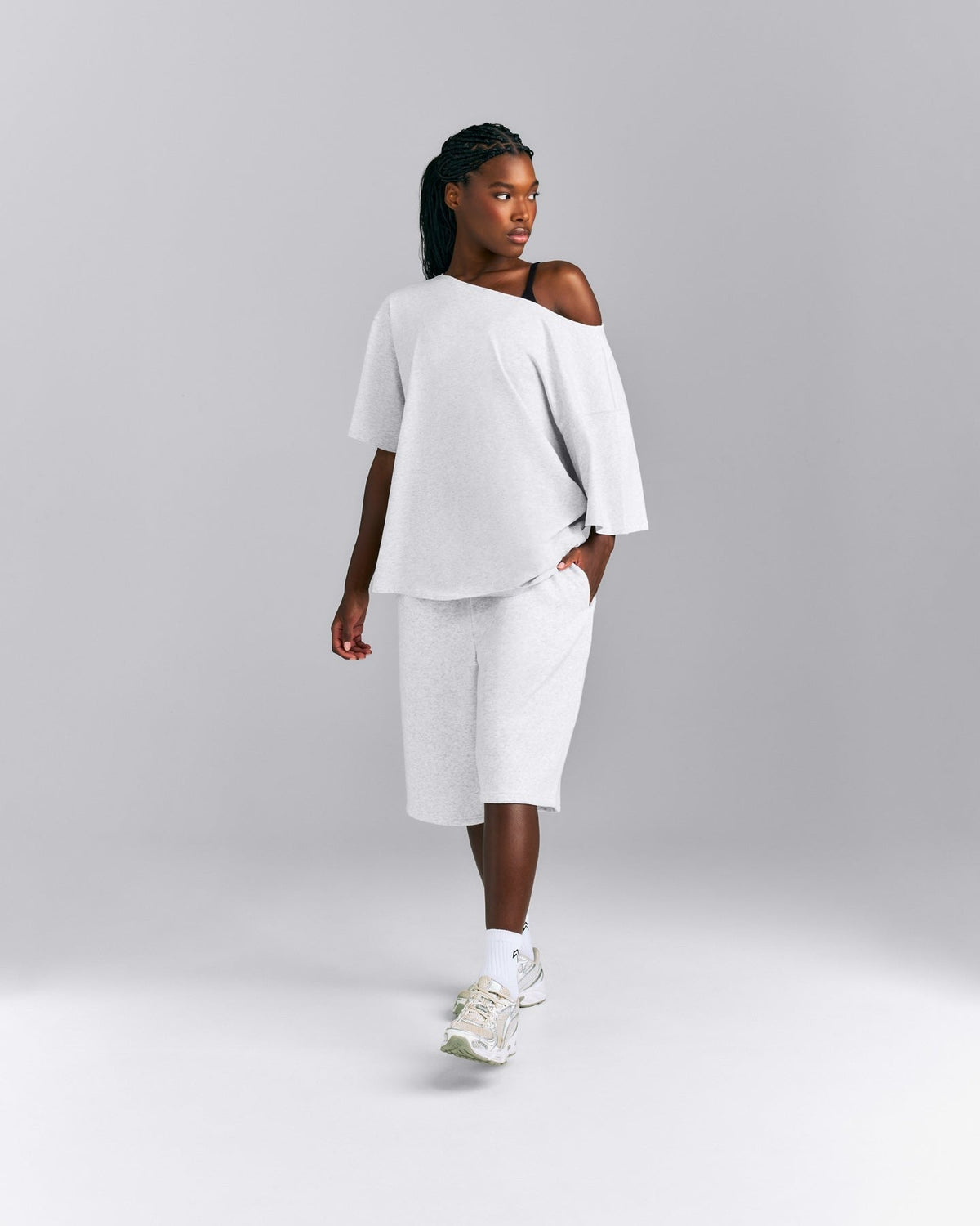 Slouchy One Shoulder Tee | Light Gray Marl