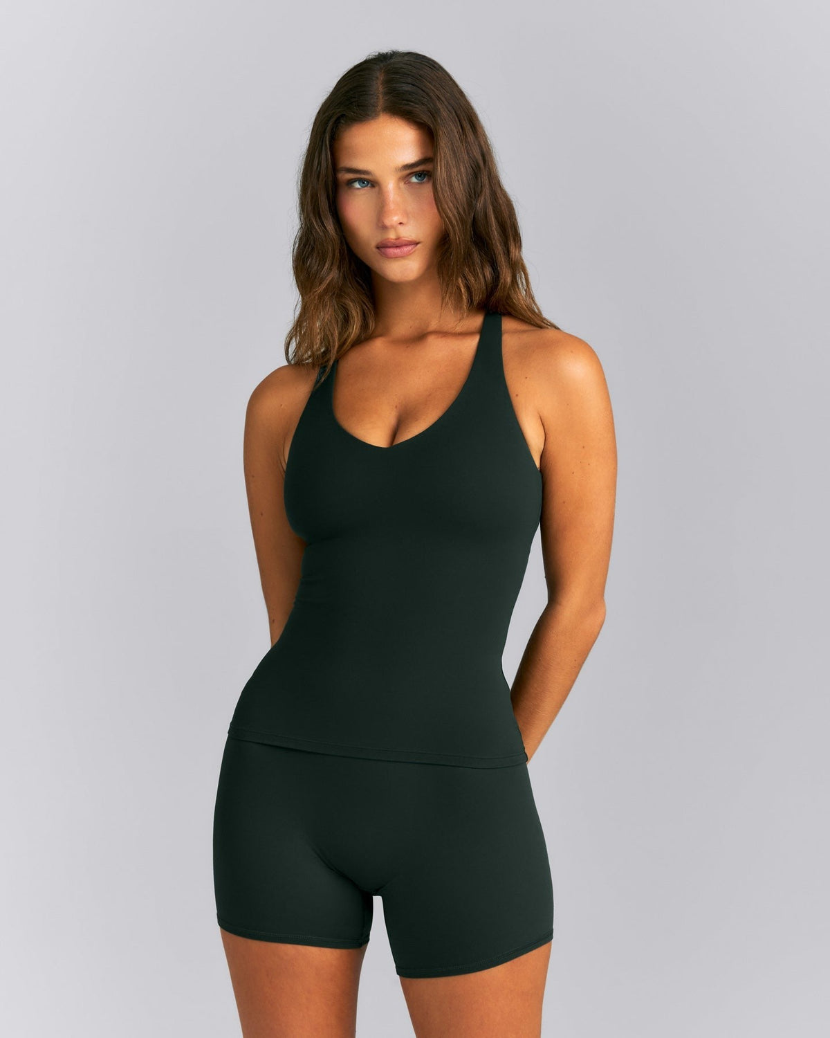 SoftMotionTM Racer Back Tank Top with Built in Bra Shelf | Emerald Noir