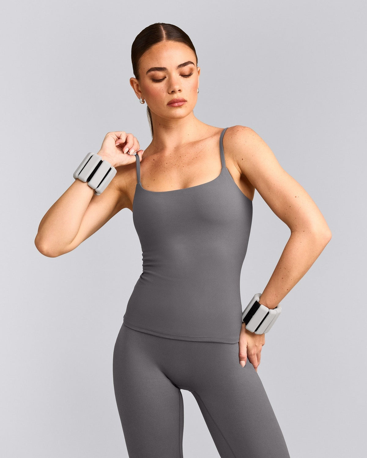 SoftMotionTM Strappy Tank Top with Built in Bra Shelf | Ash Gray