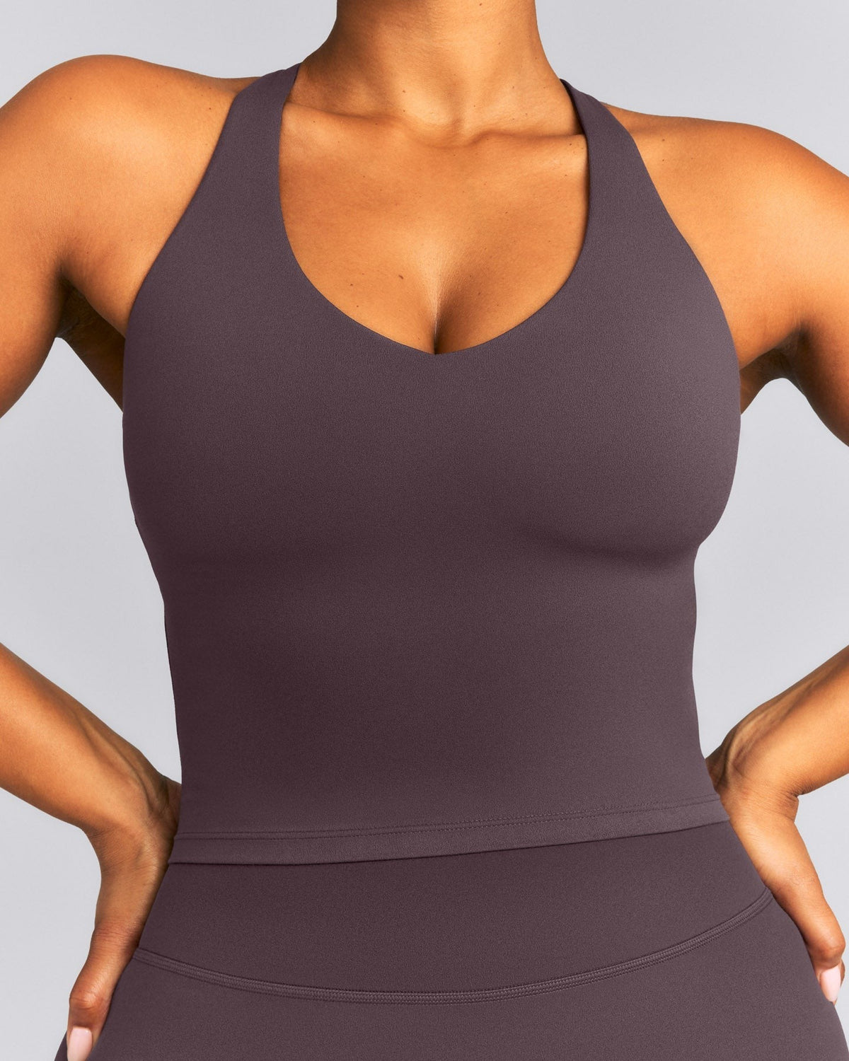 SoftMotionTM Racer Back Mid Tank Top with Built in Bra Shelf | Dark Umber Brown