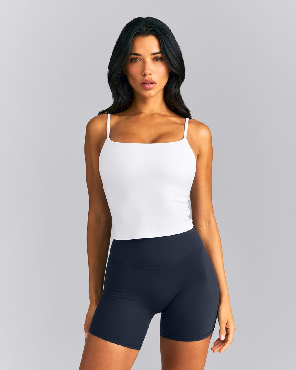 SoftMotionTM Strappy Mid Tank Top with Built in Bra Shelf | White