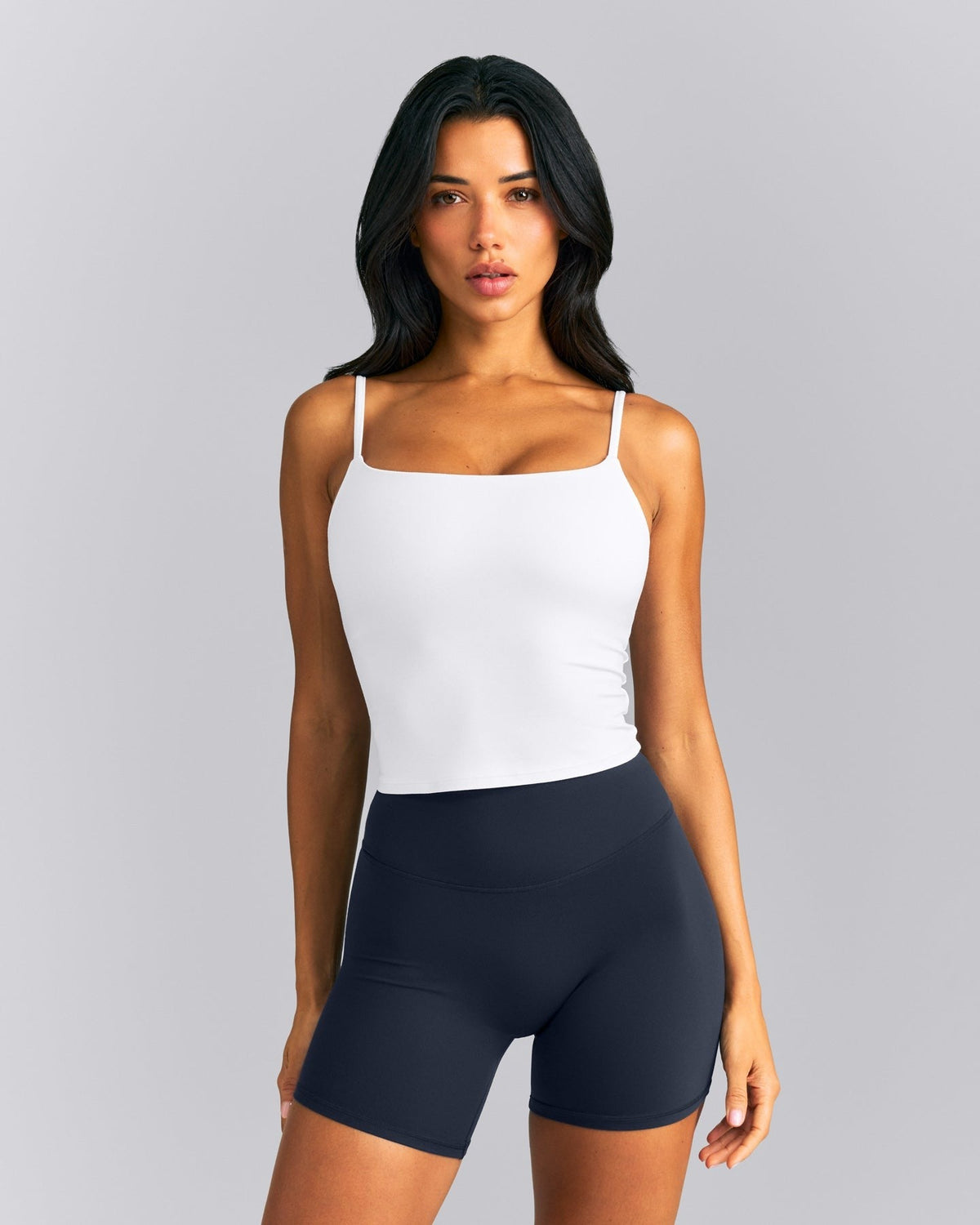 SoftMotionTM Strappy Mid Tank Top with Built in Bra Shelf | White