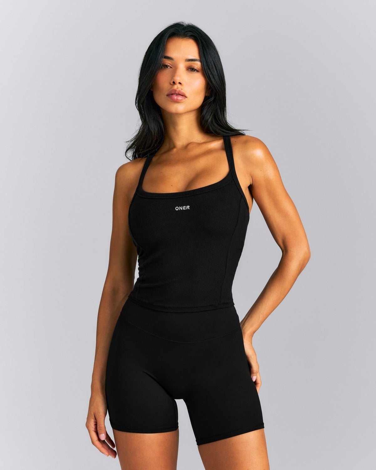 MellowTM Rib Racer Back Mid Tank Top with Built in Bra Shelf | Black