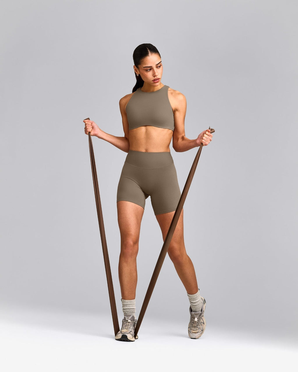 SoftMotionTM High Neck Sports Bra | Moss Brown