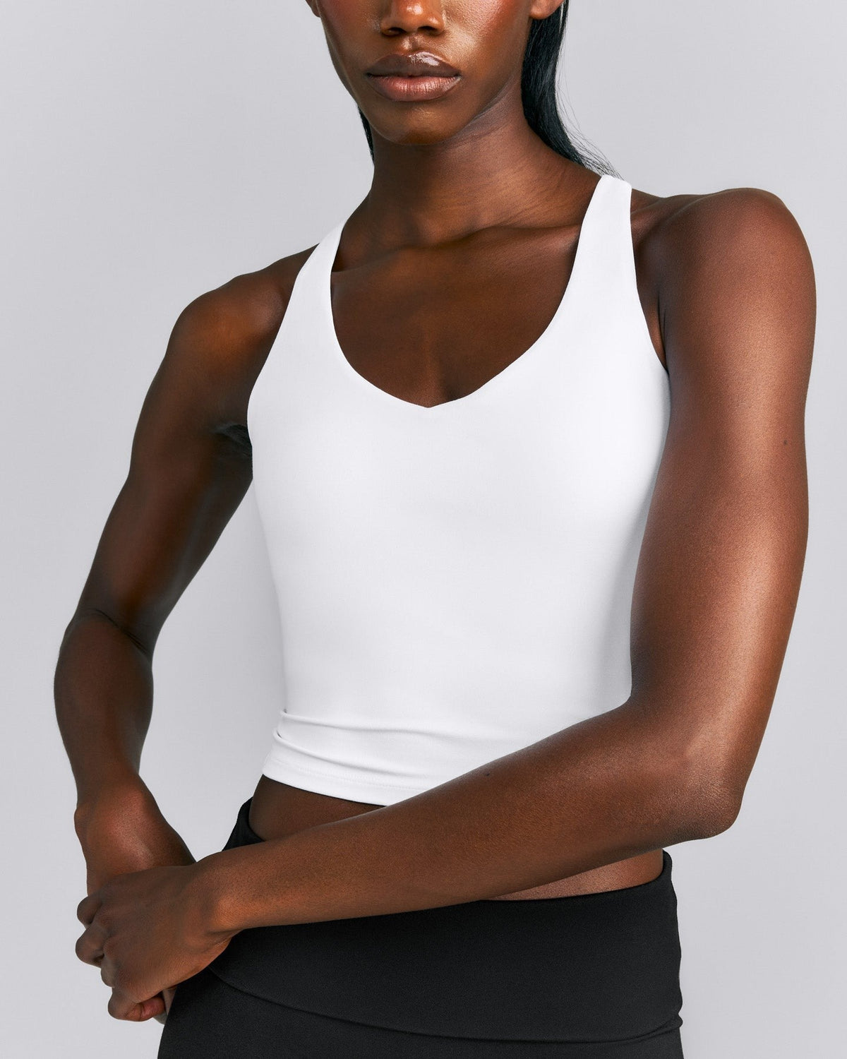 SoftMotionTM Racer Back Mid Tank Top with Built in Bra Shelf | White