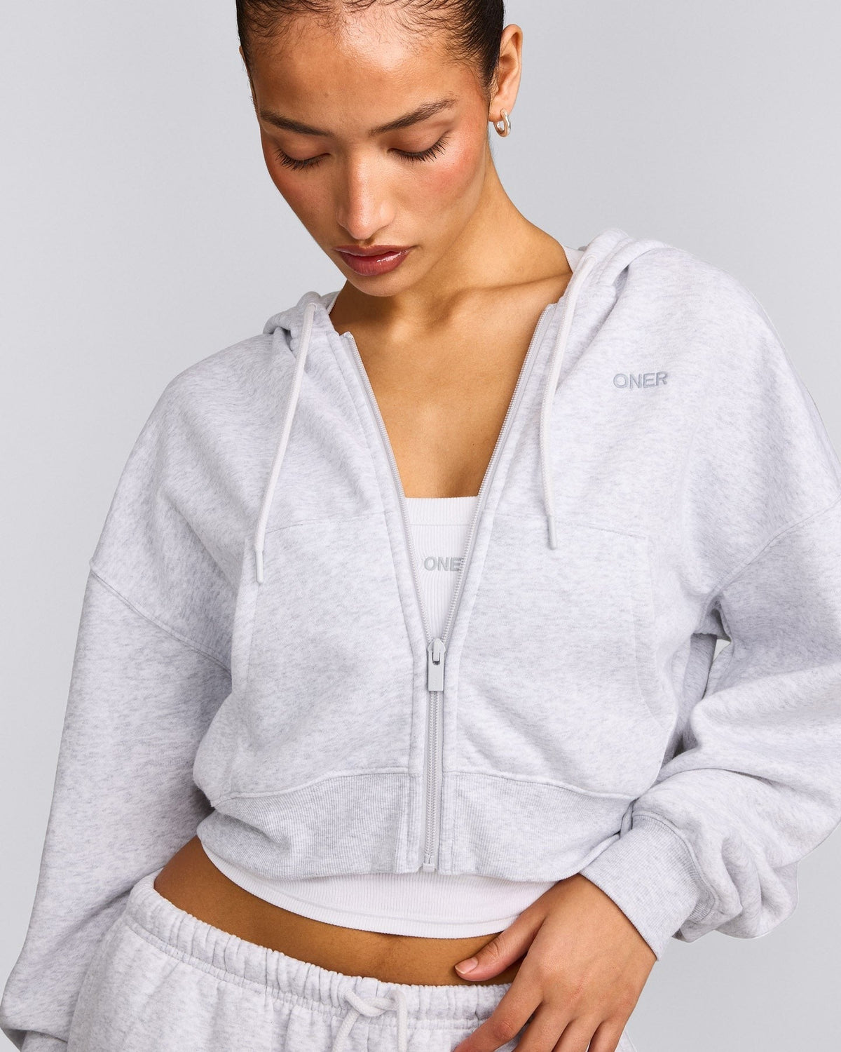 Foundations All Season Cropped Zip Up Hoodie | Gray Marl
