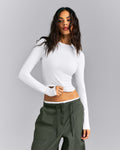 Fitted Cotton Long Sleeve Crew Neck Top | White