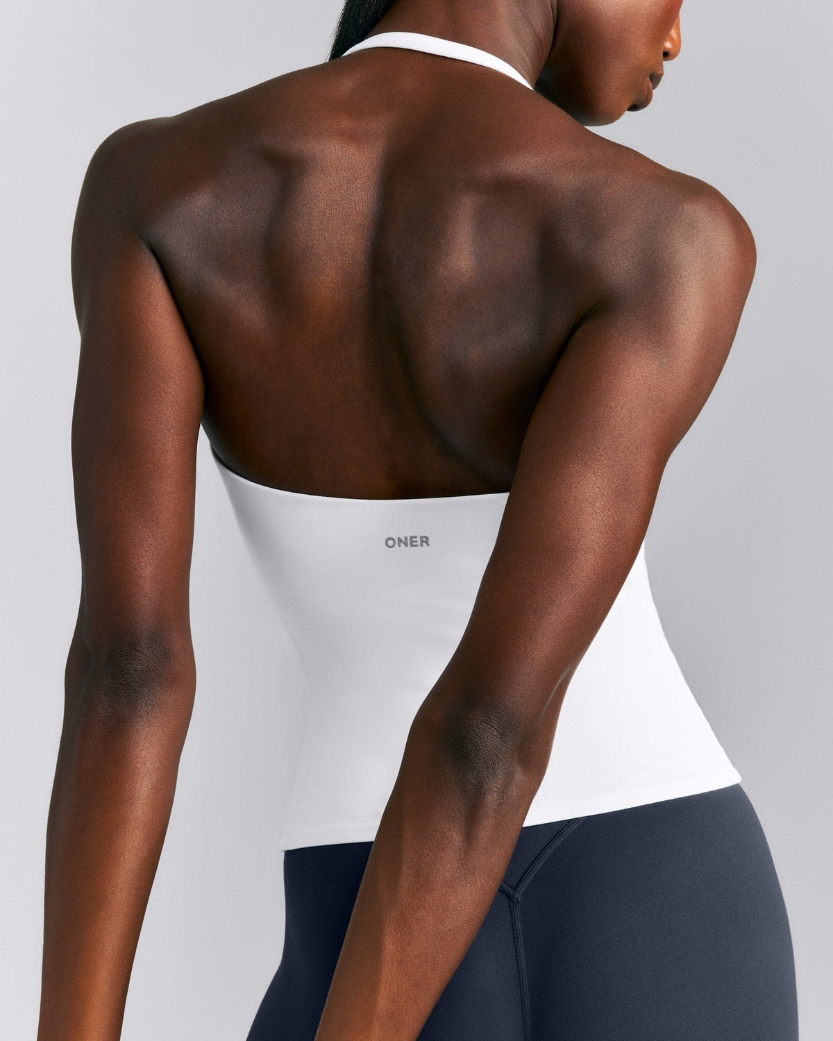 SoftMotionTM Strappy Halter Neck Tank Top with Built in Bra Shelf | White