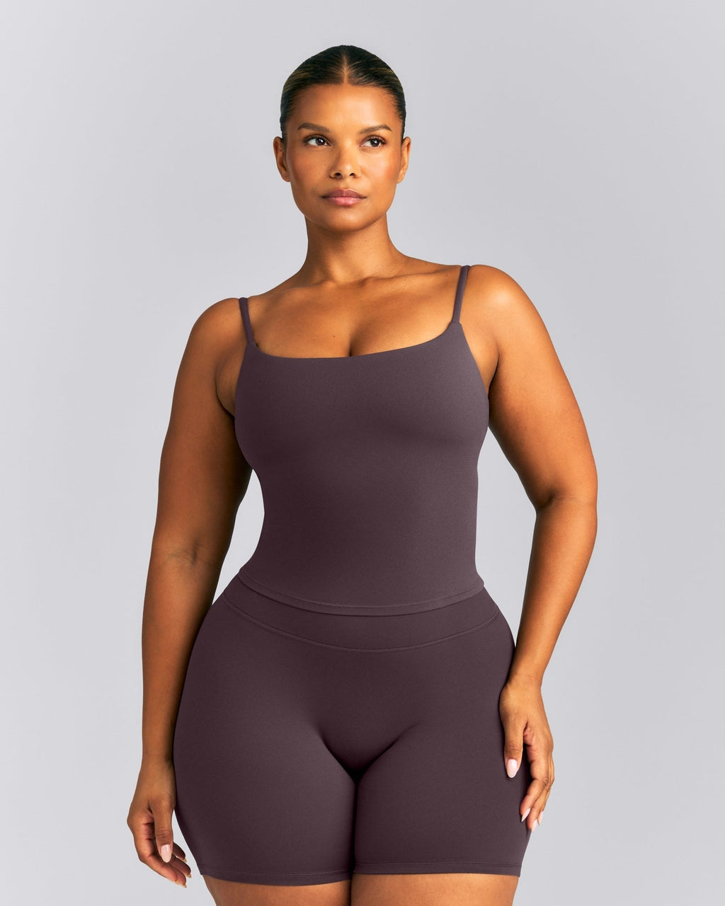 SoftMotionTM Strappy Mid Tank Top with Built in Bra Shelf | Dark Umber Brown