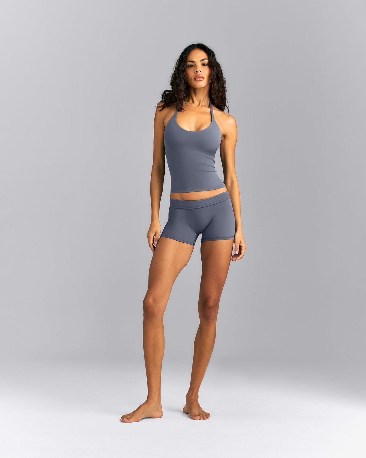SoftMotionTM Strappy Halter Neck Tank Top with Built in Bra Shelf | Granite Blue
