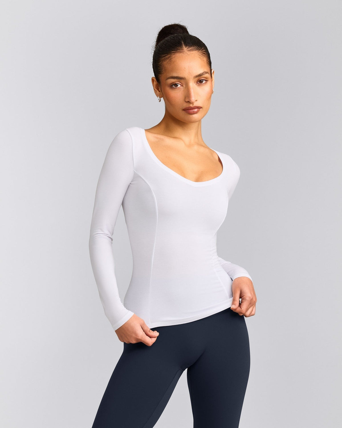 MellowTM Motion Wide V Neck Long Sleeve Top | White