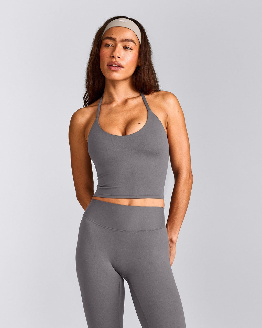 SoftMotionTM Strappy Halter Neck Mid Tank Top with Built in Bra Shelf | Ash Gray
