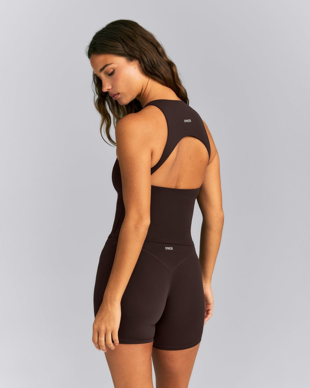 SoftMotionTM High Neck Mid Tank with Built in Bra Shelf | 70% Cocoa