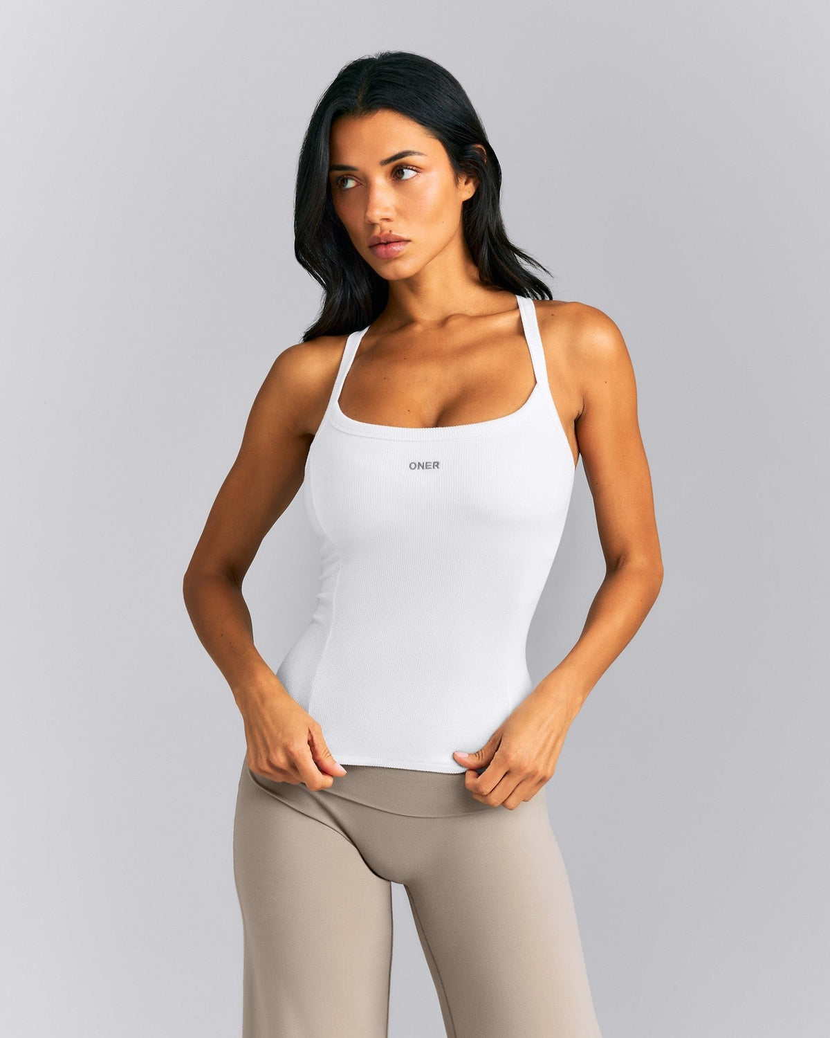 MellowTM Rib Racer Back Tank Top with Built in Bra Shelf | White