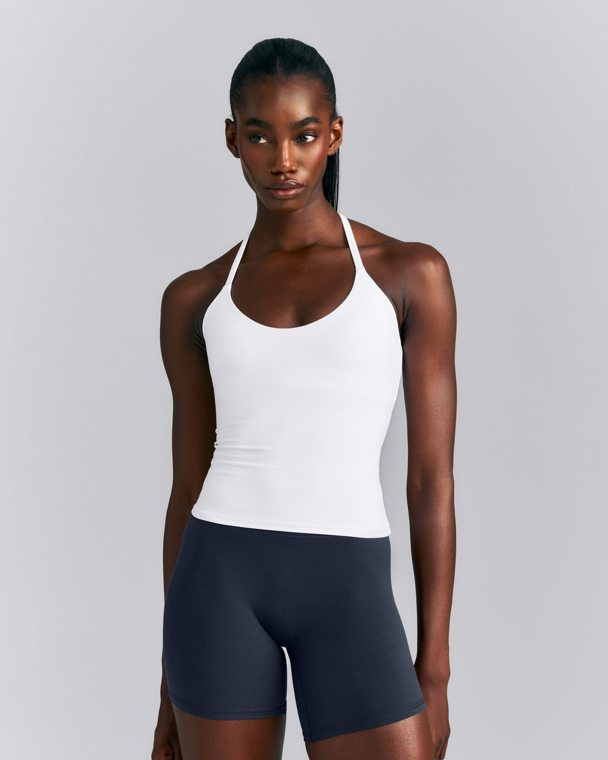 SoftMotionTM Strappy Halter Neck Tank Top with Built in Bra Shelf | White