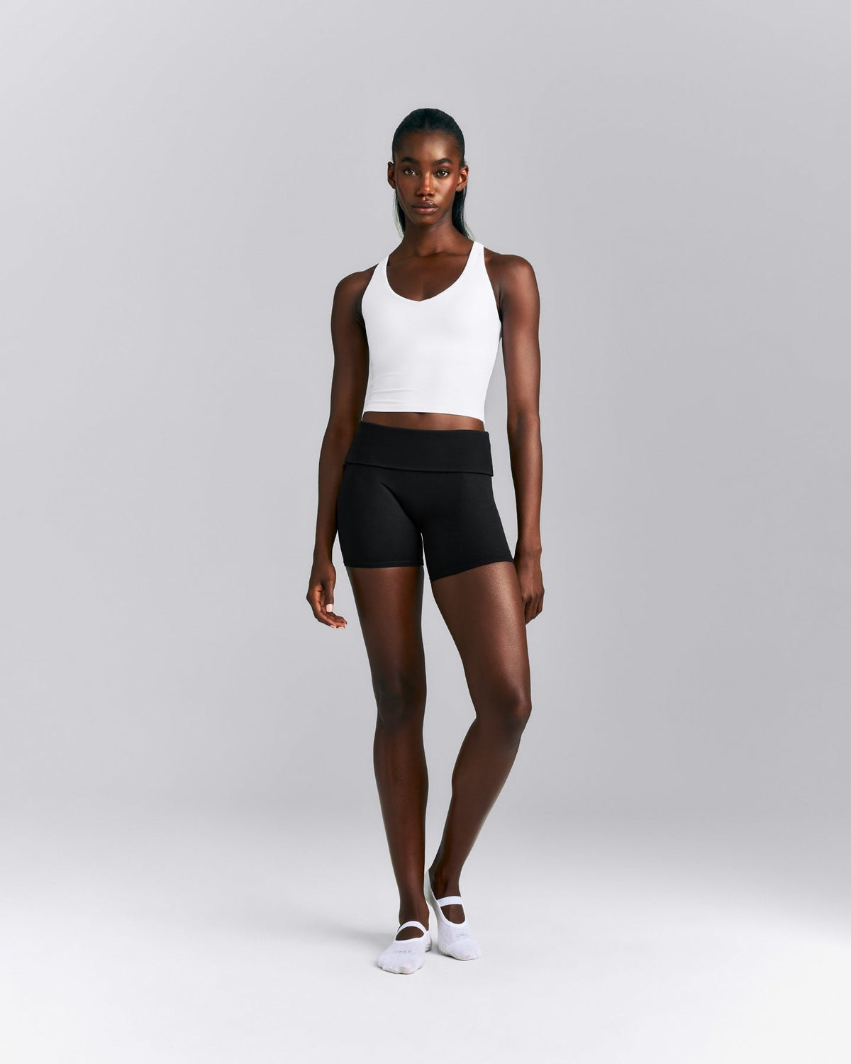 SoftMotionTM Racer Back Mid Tank Top with Built in Bra Shelf | White