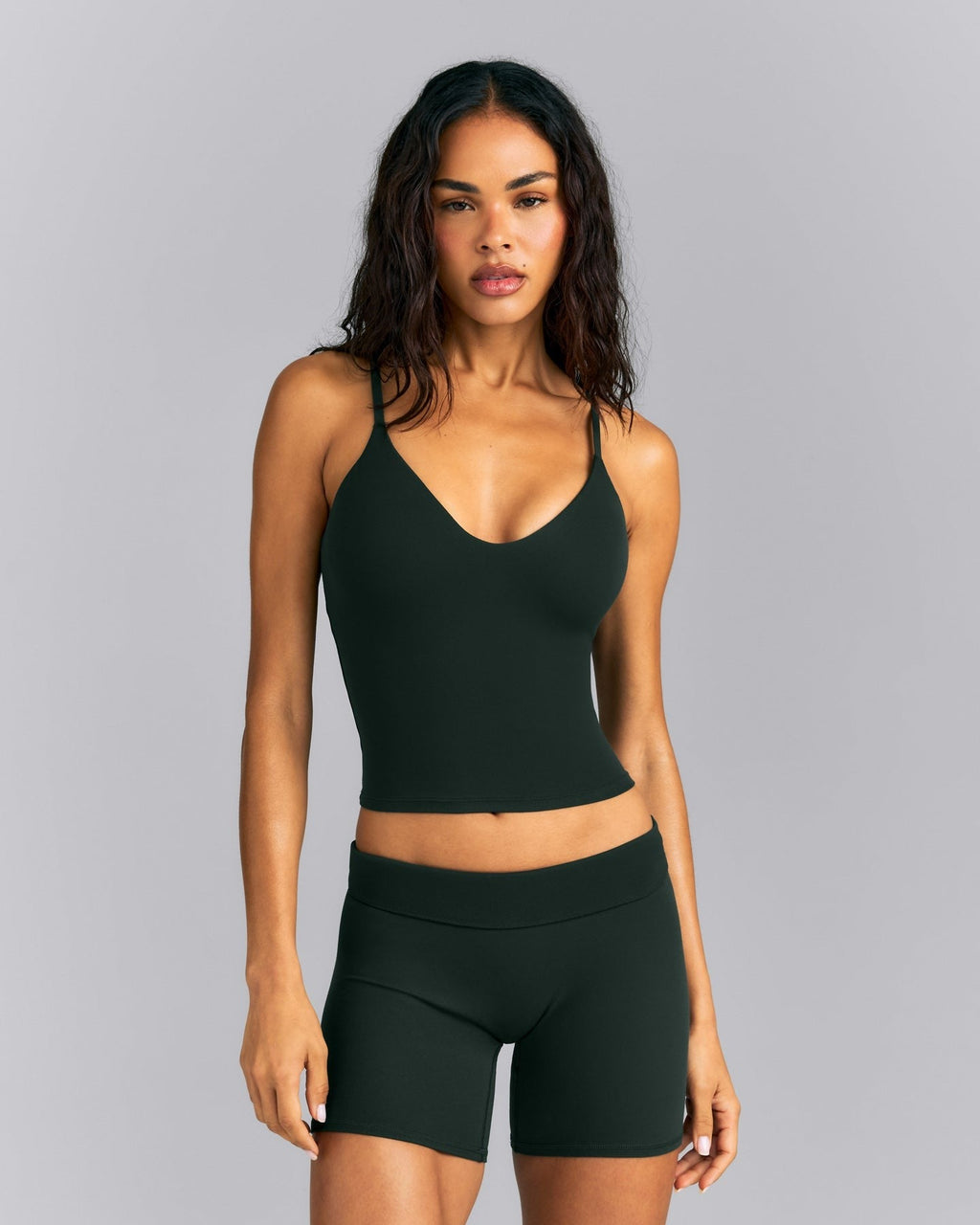 SoftMotionTM Adjustable V Neck Mid Tank Top with Built in Bra Shelf | Emerald Noir