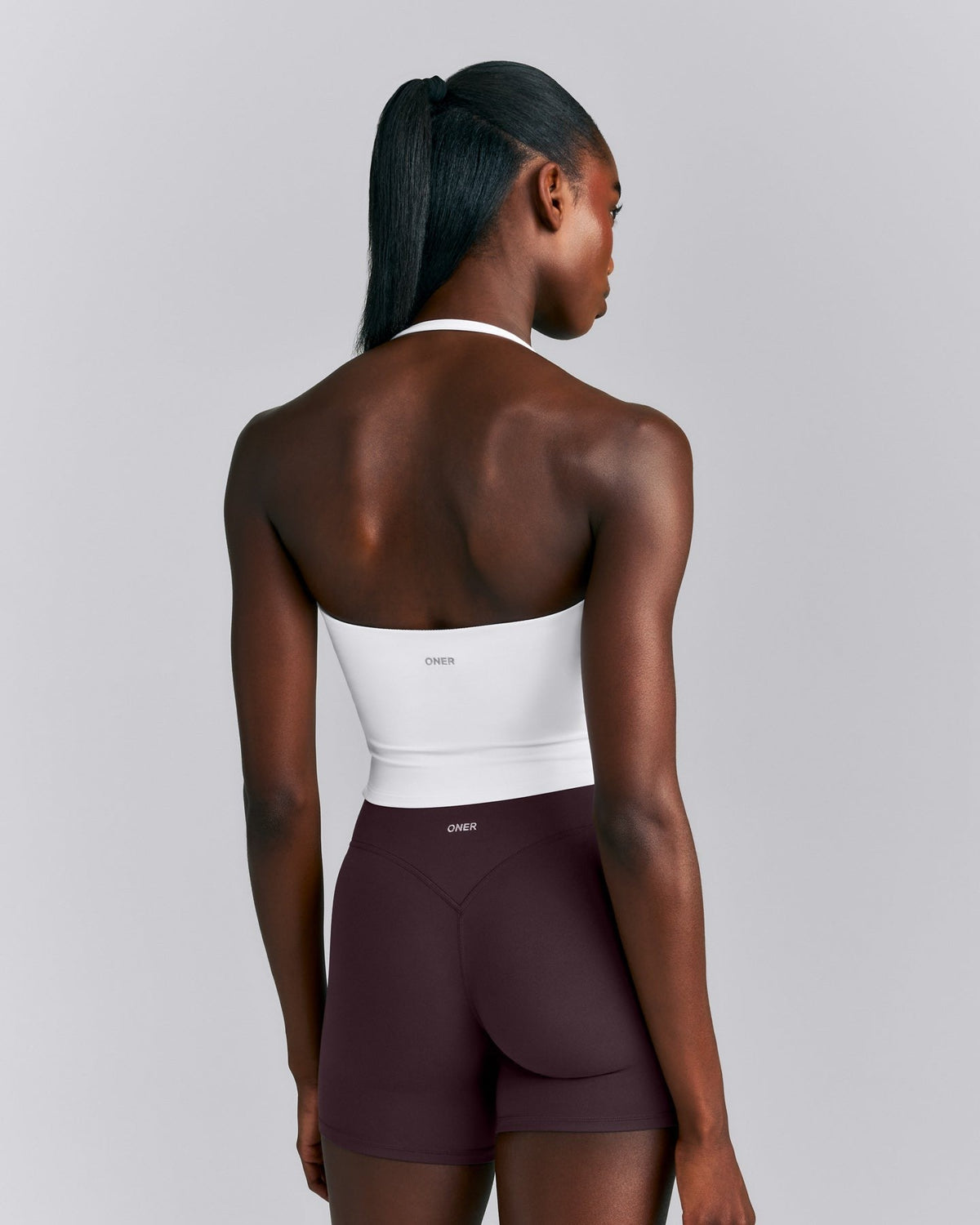 SoftMotionTM Strappy Halter Neck Mid Tank Top with Built in Bra Shelf | White