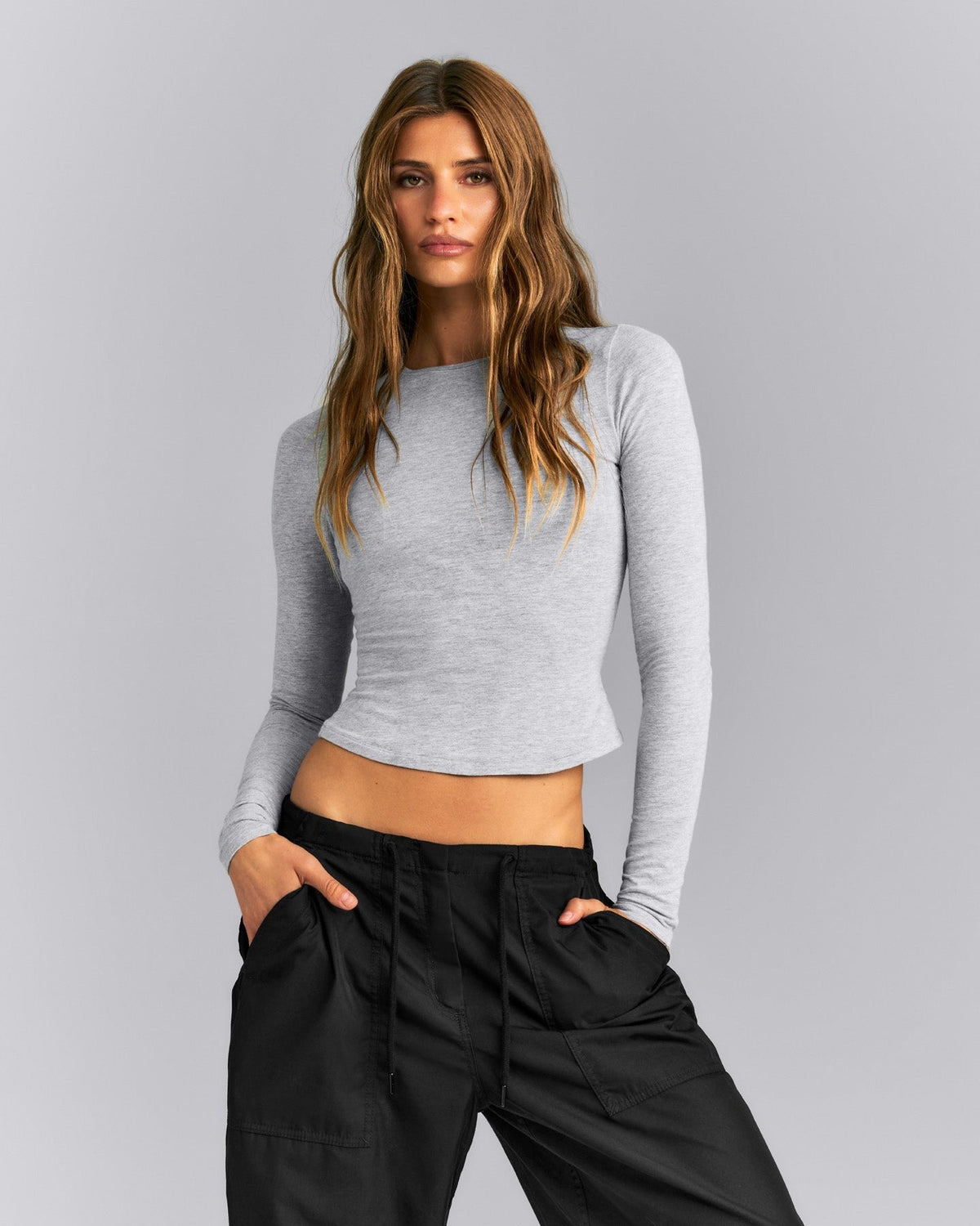 Fitted Cotton Long Sleeve Crew Neck Top | Mid Gray Marl
