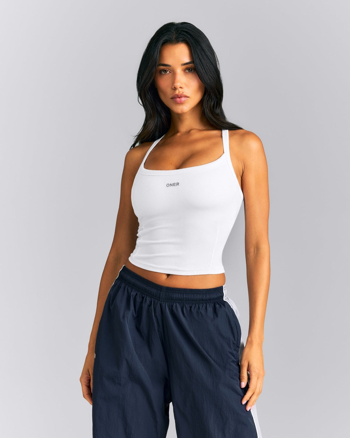 MellowTM Rib Racer Back Mid Tank Top with Built in Bra Shelf | White