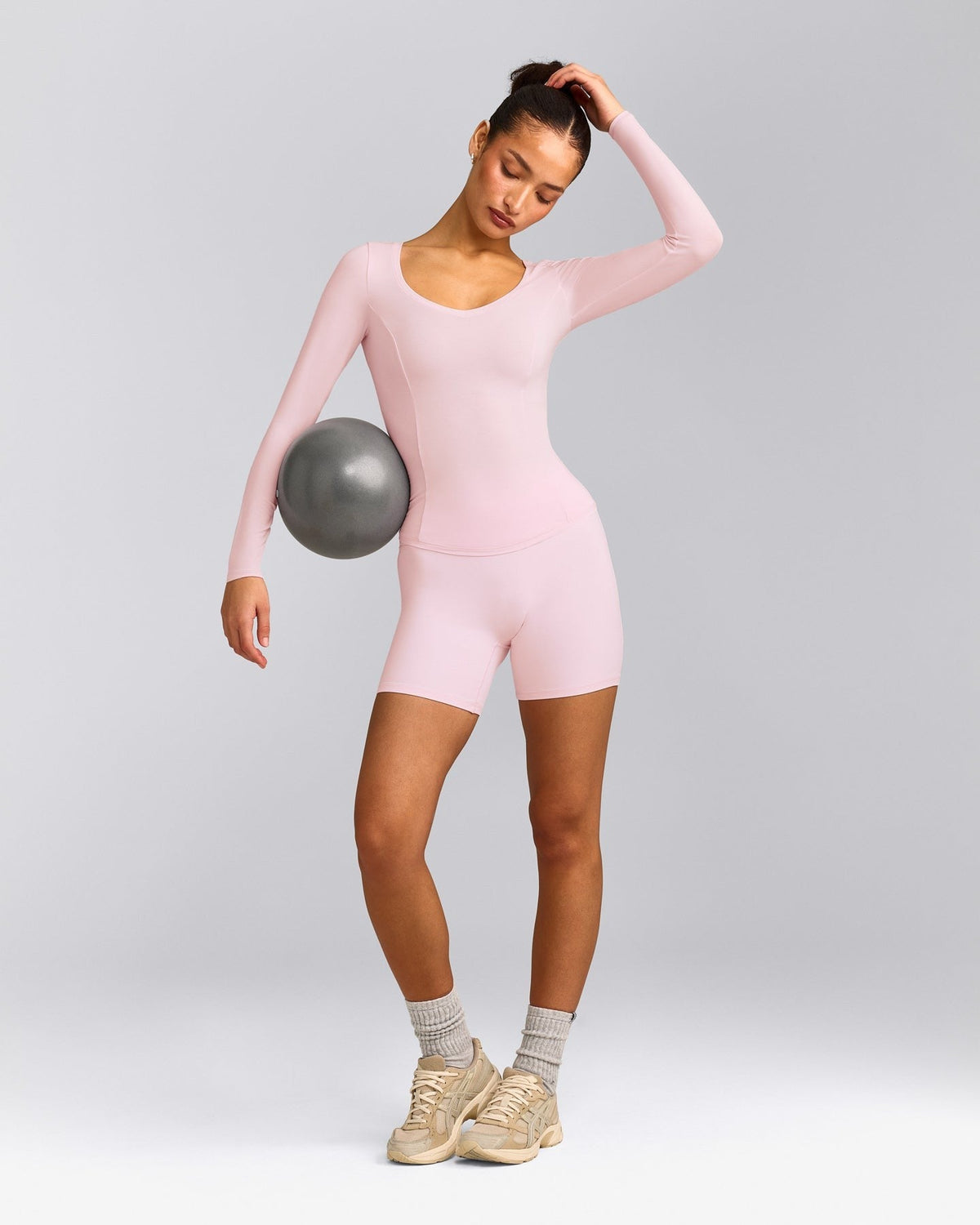 MellowTM Motion Wide V Neck Long Sleeve Top | Soft Girl Pink