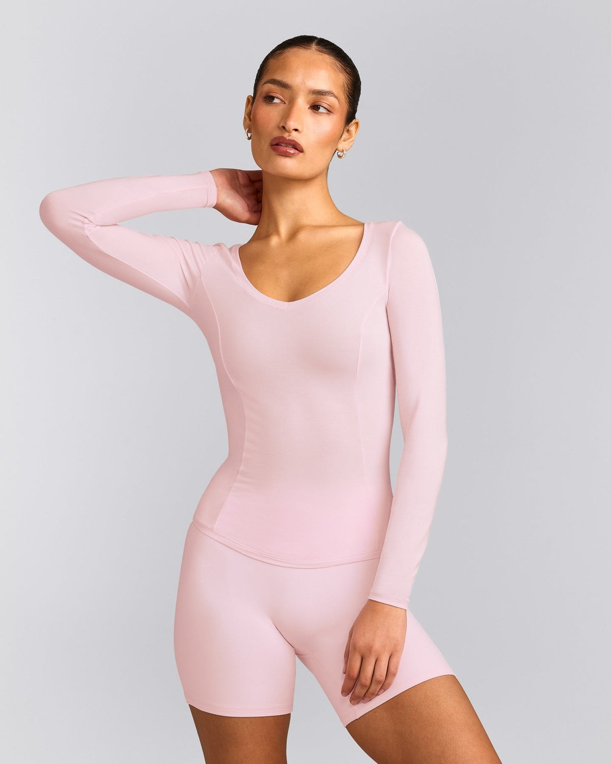 MellowTM Motion Wide V Neck Long Sleeve Top | Soft Girl Pink