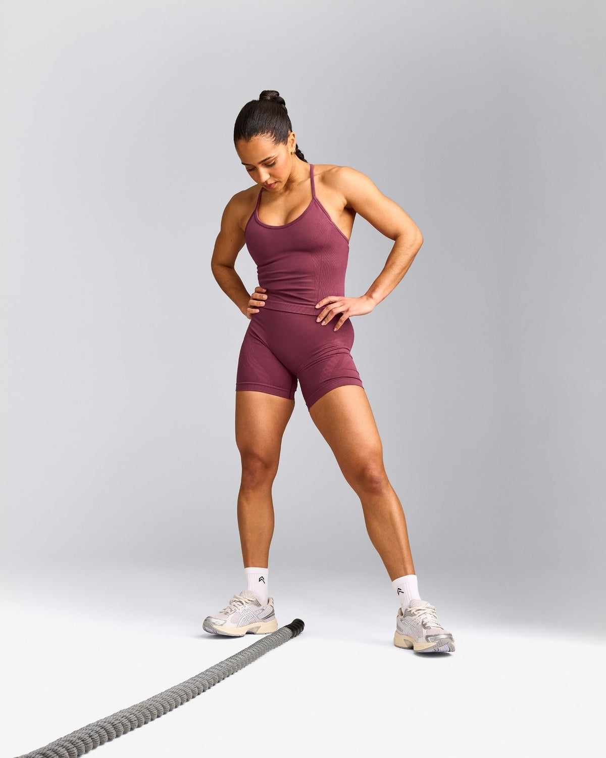EnhanceLiftTM Seamless Strappy Racer Tank Top with Built in Bra Shelf | Burnt Maroon Red