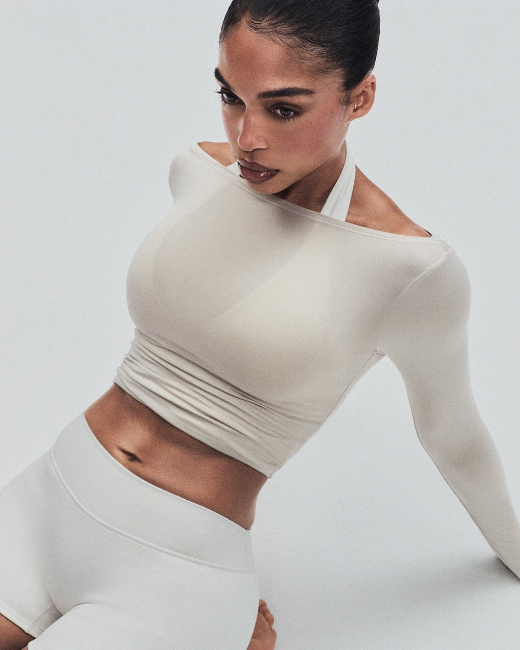 FormeSoftTM Fitted Off-The-Shoulder Long Sleeve Top | Oatmeal