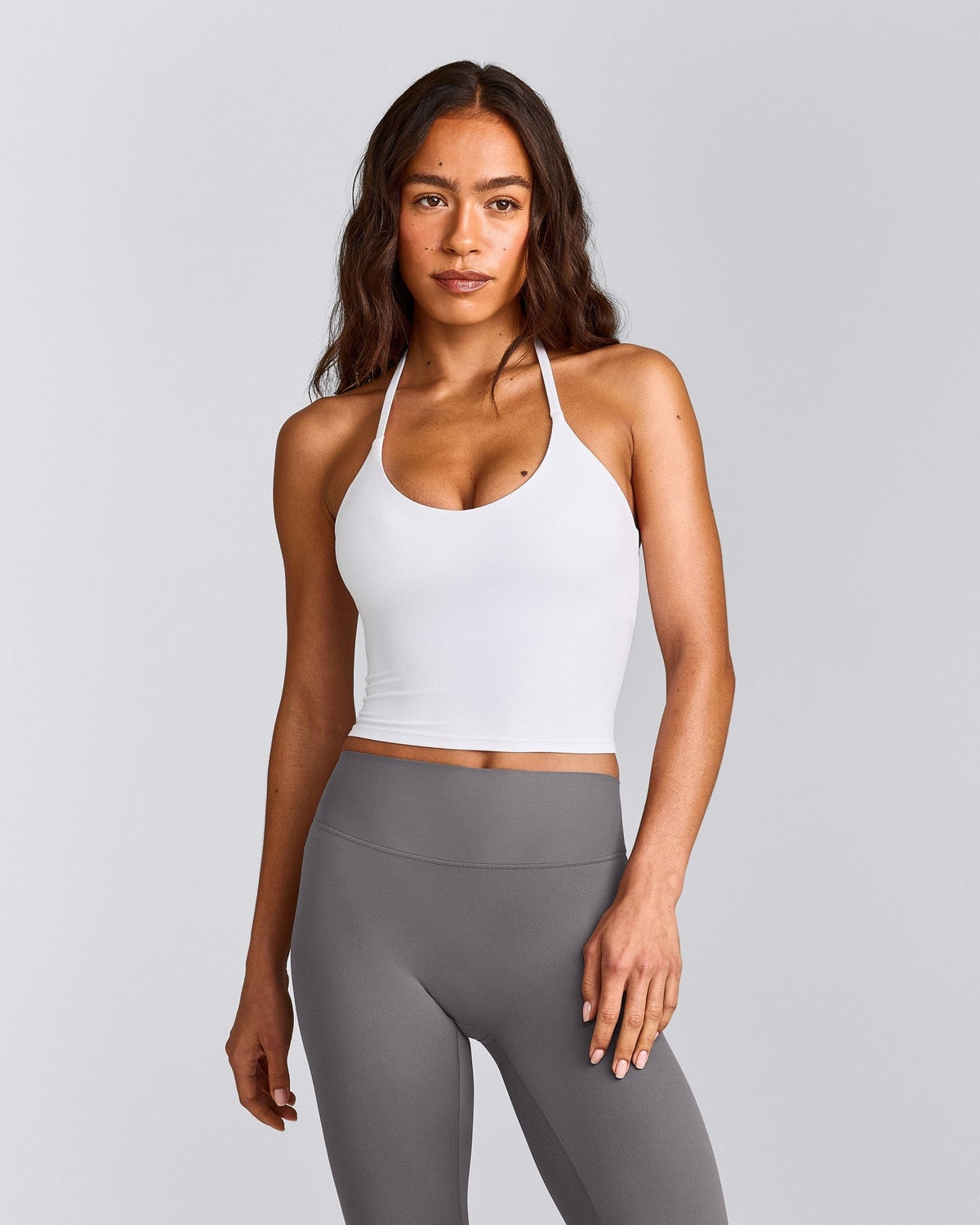 SoftMotionTM Strappy Halter Neck Mid Tank Top with Built in Bra Shelf | White