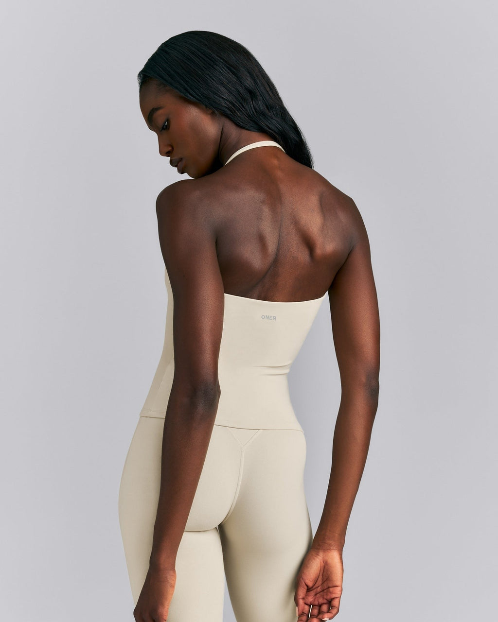 SoftMotionTM Strappy Halter Neck Tank Top with Built in Bra Shelf | Oatmeal