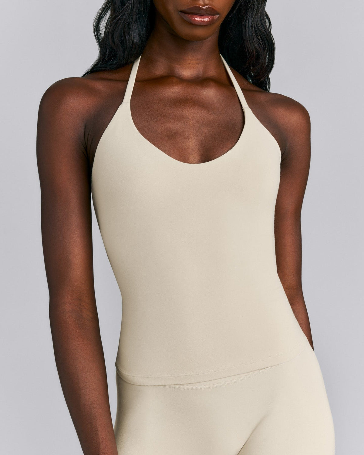 SoftMotionTM Strappy Halter Neck Tank Top with Built in Bra Shelf | Oatmeal