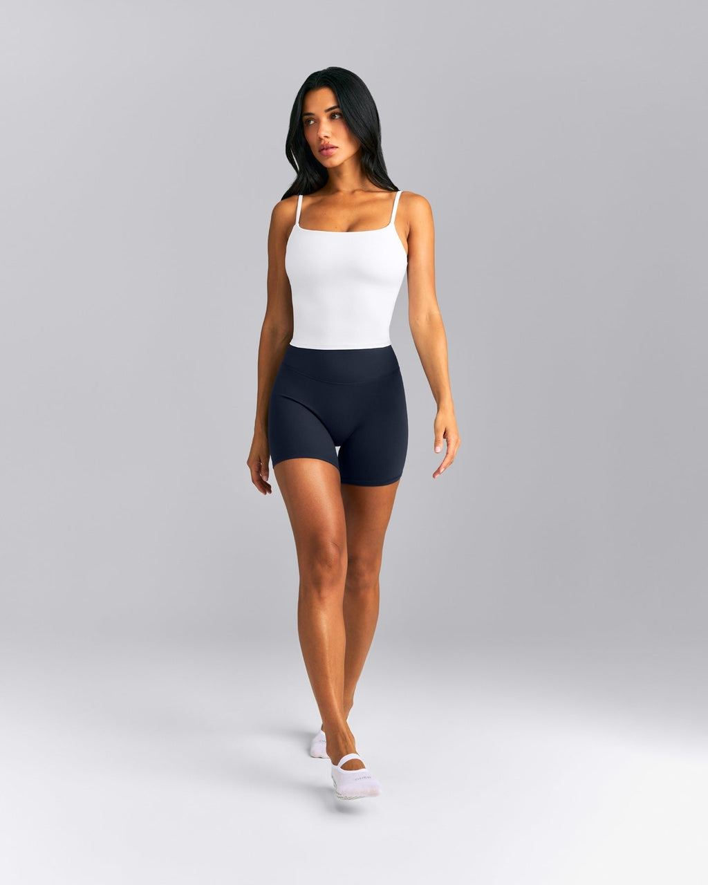 SoftMotionTM Strappy Mid Tank Top with Built in Bra Shelf | White