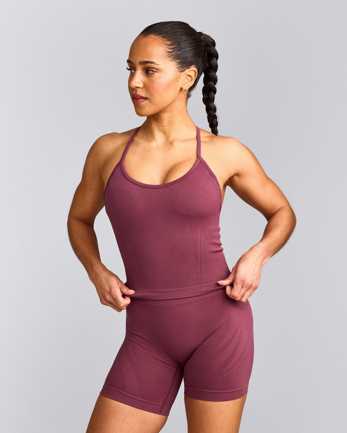 EnhanceLiftTM Seamless Strappy Racer Tank Top with Built in Bra Shelf | Burnt Maroon Red