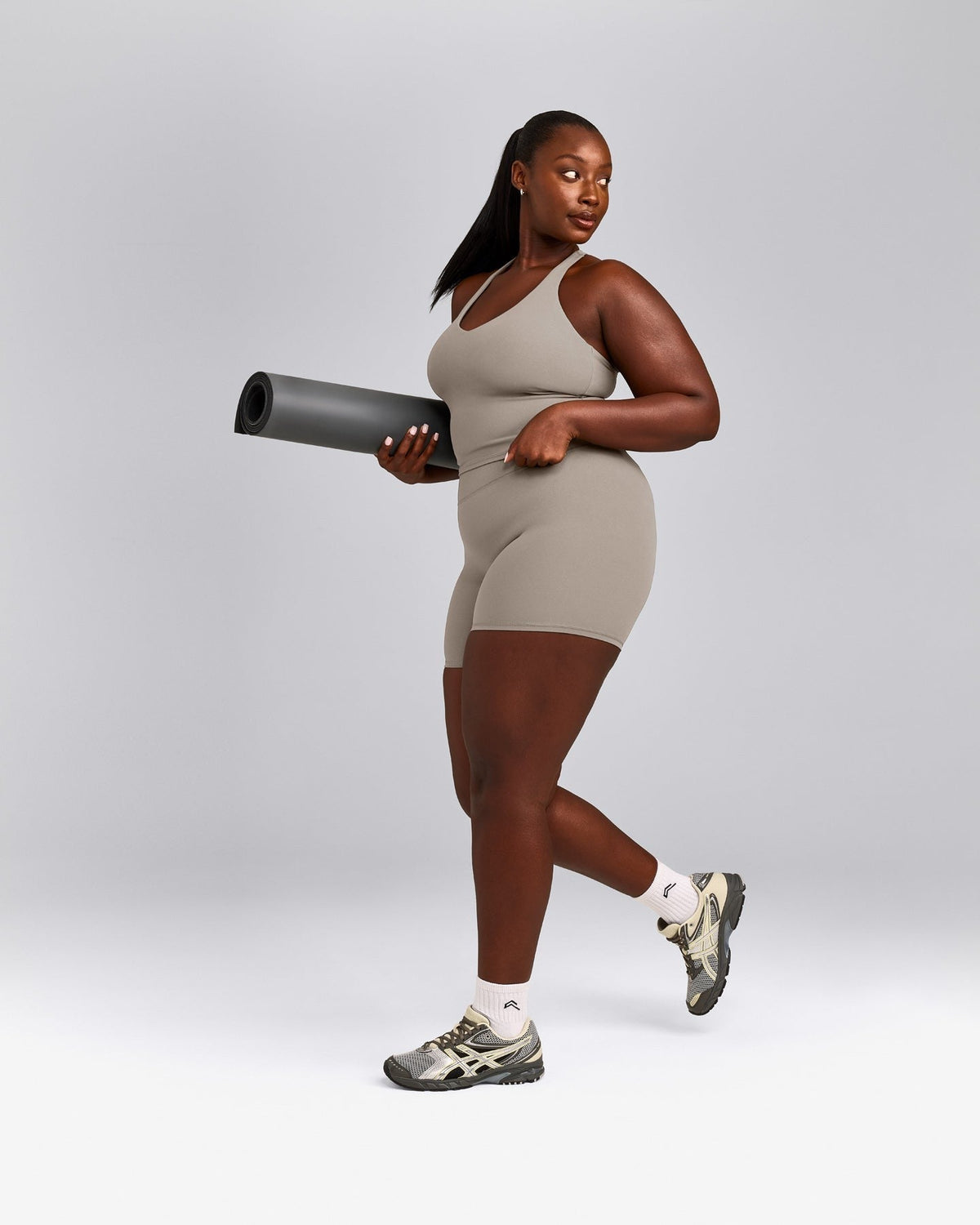 SoftMotionTM Racer Back Mid Tank Top with Built in Bra Shelf | Warm Sand