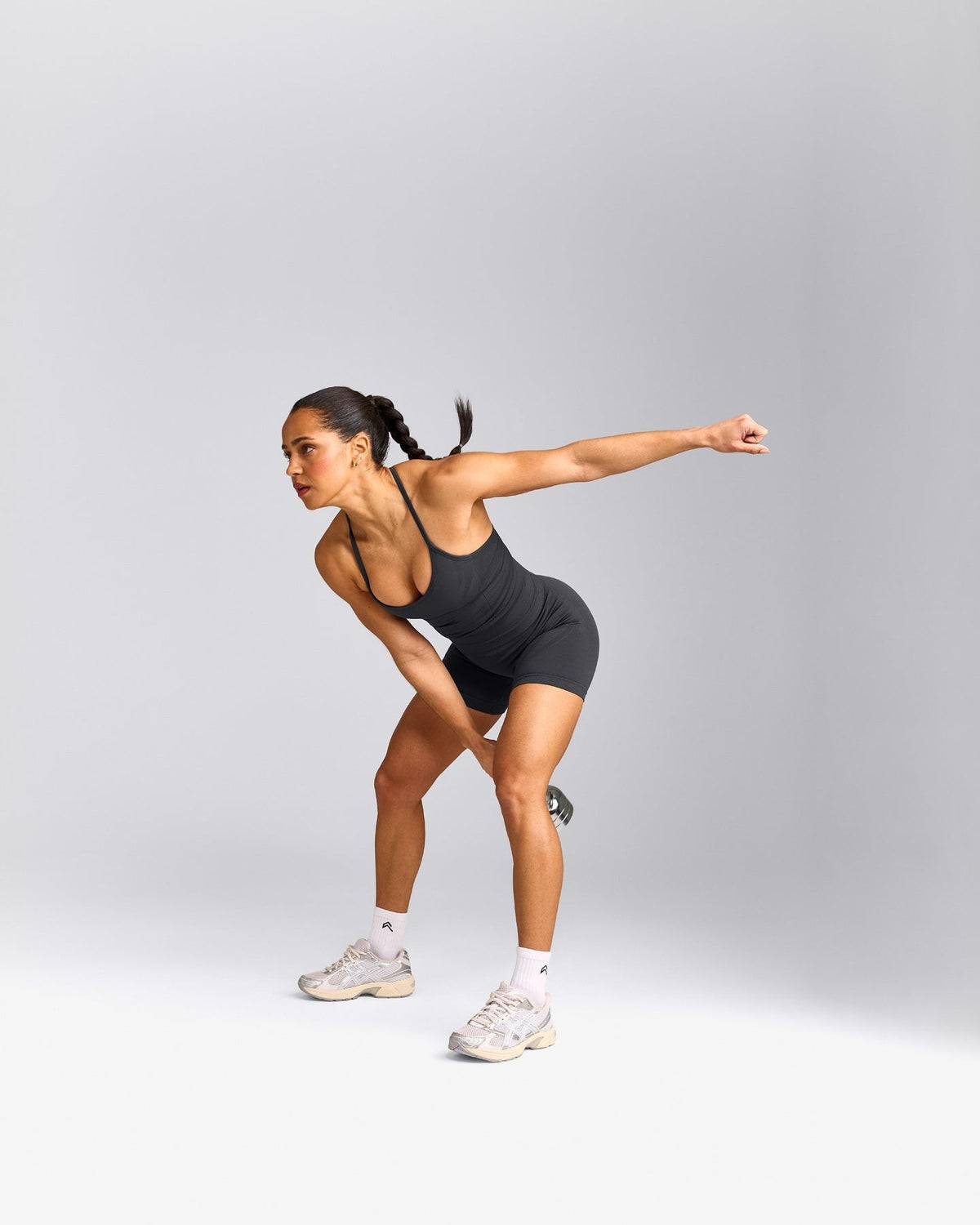EnhanceLiftTM Seamless Strappy Racer Tank Top with Built in Bra Shelf | Coal