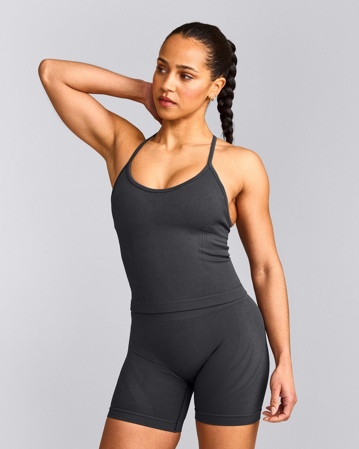 EnhanceLiftTM Seamless Strappy Racer Tank Top with Built in Bra Shelf | Coal