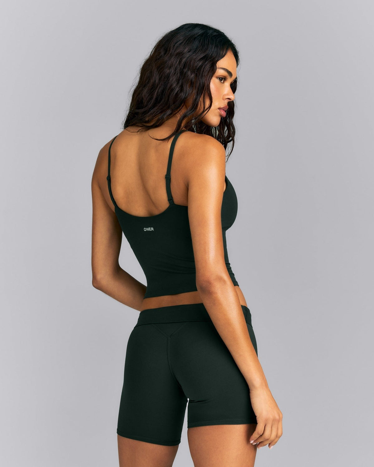 SoftMotionTM Adjustable V Neck Mid Tank Top with Built in Bra Shelf | Emerald Noir