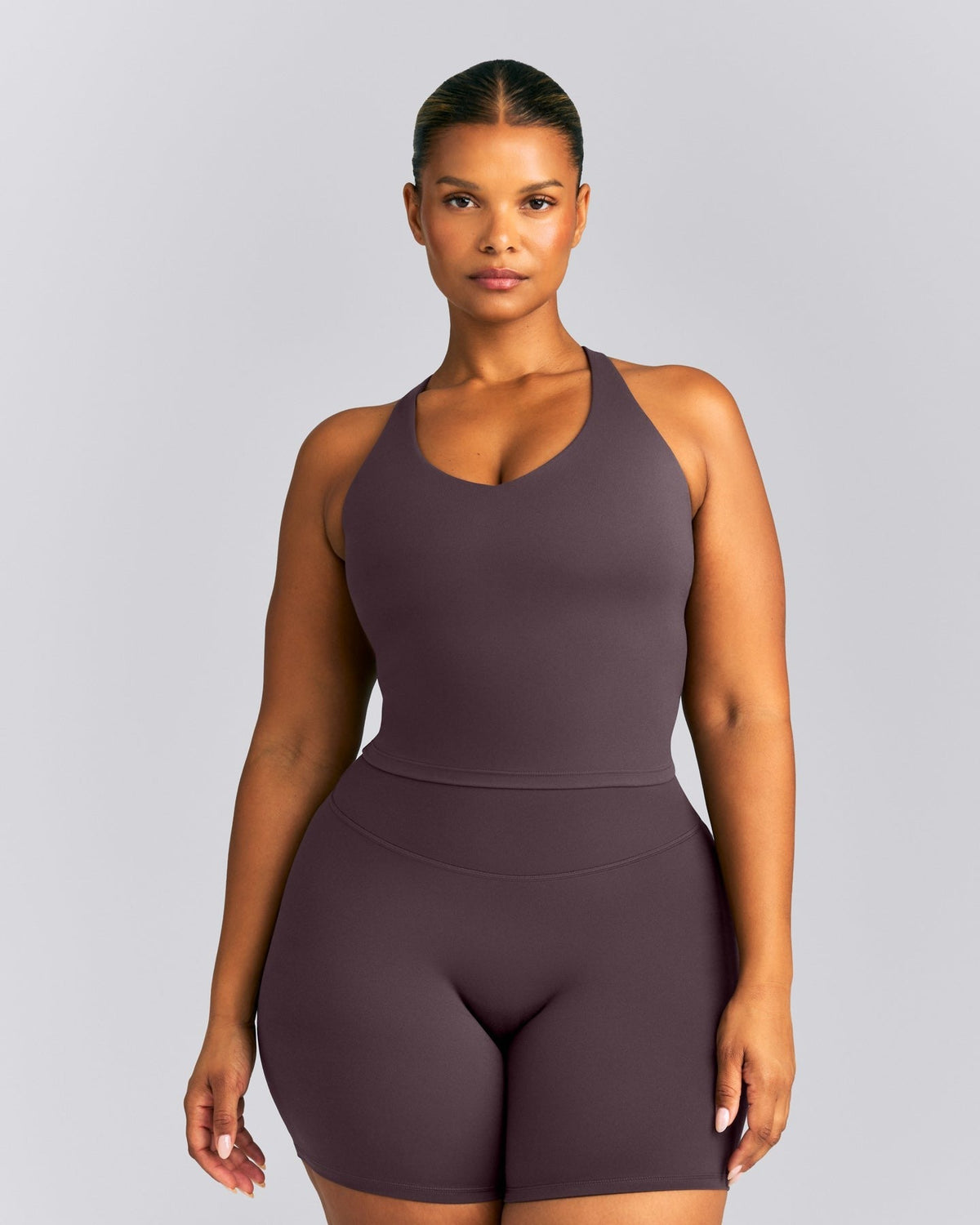 SoftMotionTM Racer Back Mid Tank Top with Built in Bra Shelf | Dark Umber Brown