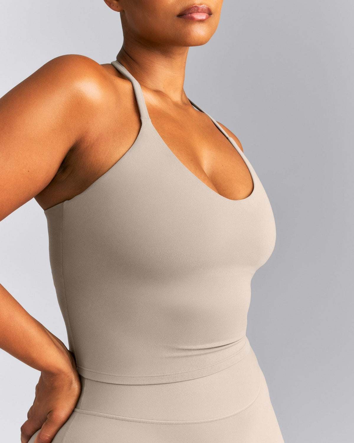 SoftMotionTM Strappy Halter Neck Mid Tank Top with Built in Bra Shelf | Warm Sand