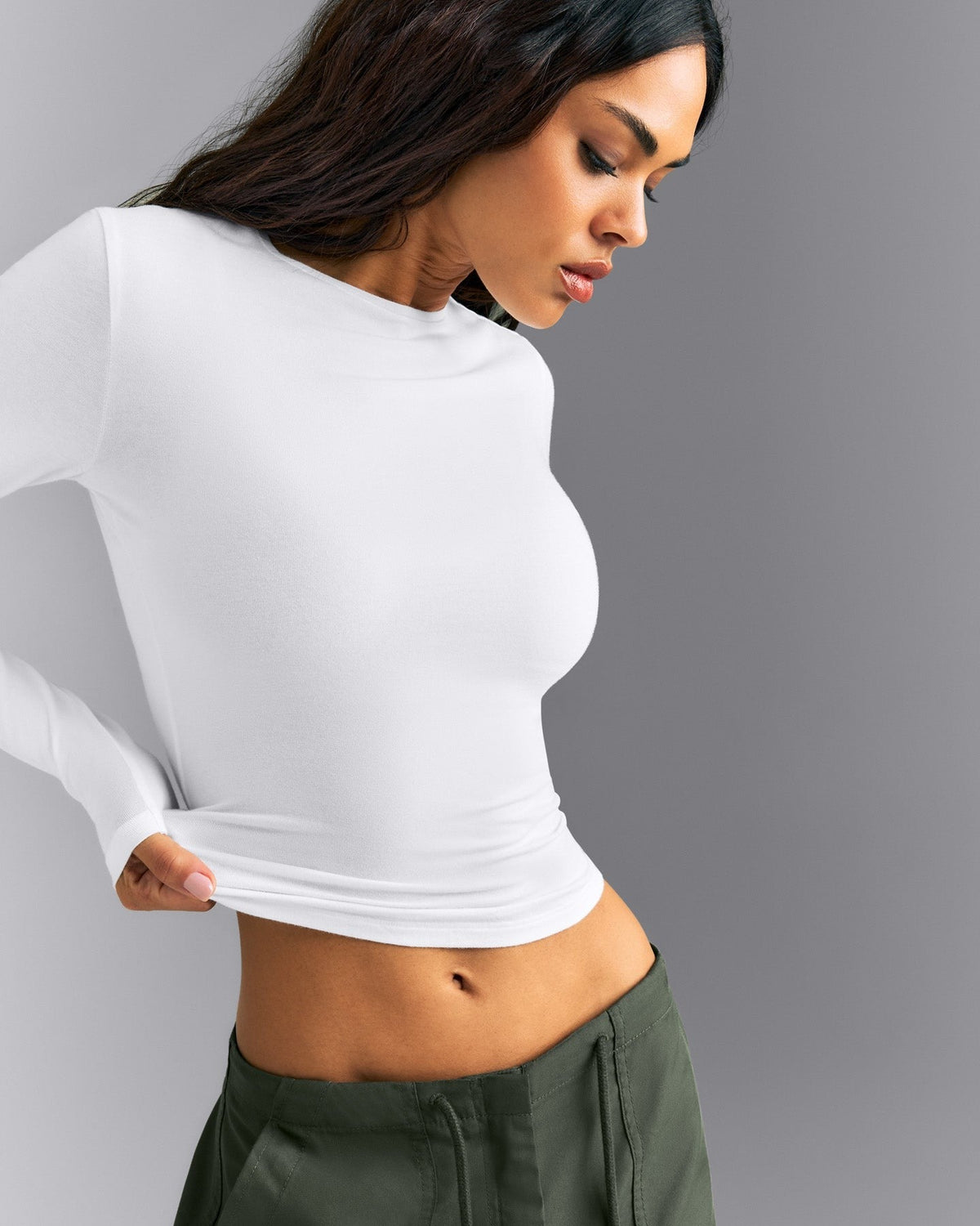 Fitted Cotton Long Sleeve Crew Neck Top | White