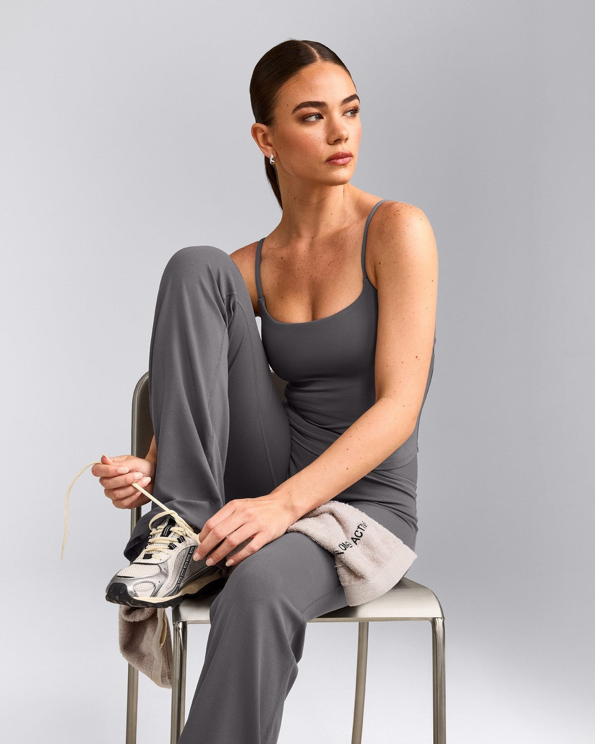 SoftMotionTM Strappy Mid Tank Top with Built in Bra Shelf | Ash Gray