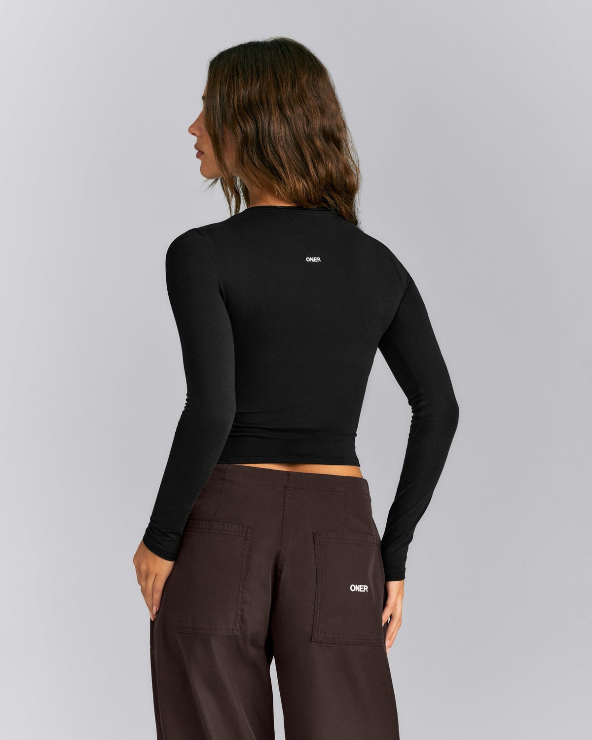 Fitted Cotton Long Sleeve Crew Neck Top | Black