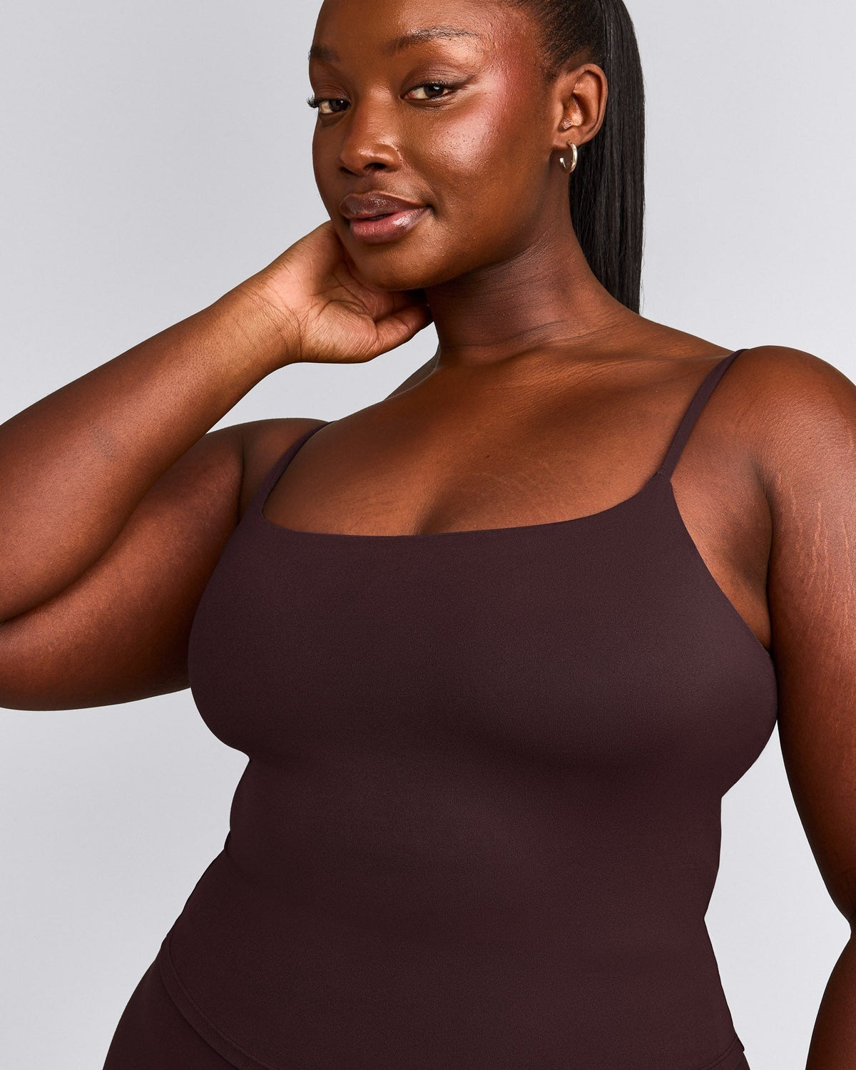 SoftMotionTM Strappy Mid Tank Top with Built in Bra Shelf | Plum Brown
