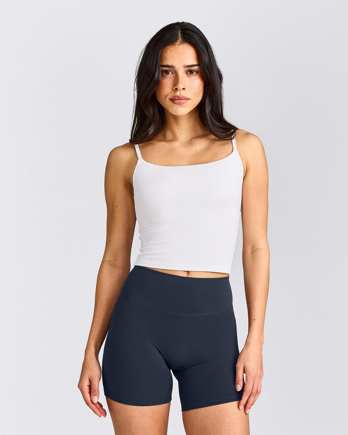 SoftMotionTM Strappy Mid Tank Top with Built in Bra Shelf | White