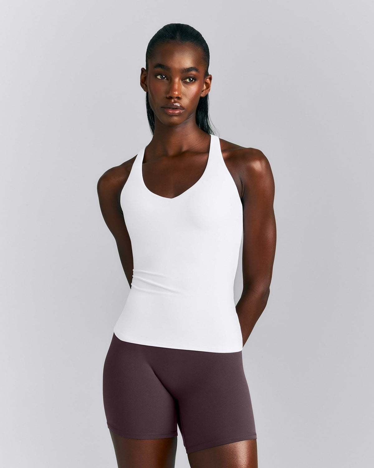 SoftMotionTM Racer Back Tank Top with Built in Bra Shelf | White
