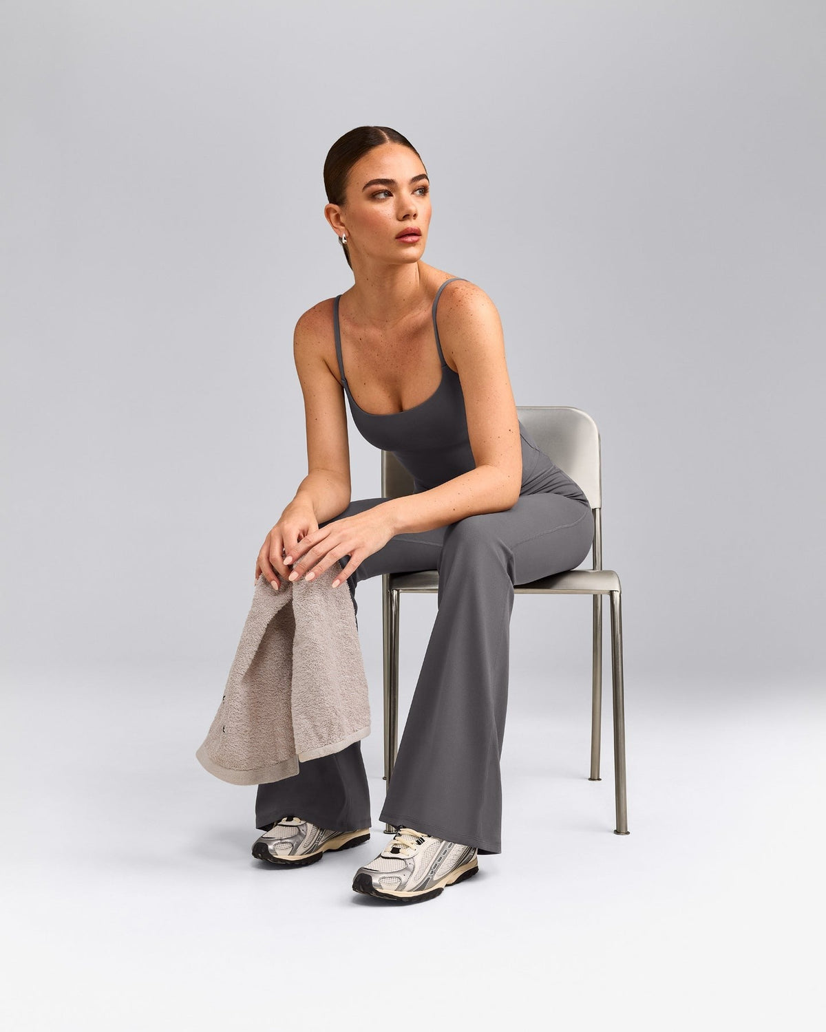 SoftMotionTM Strappy Mid Tank Top with Built in Bra Shelf | Ash Gray