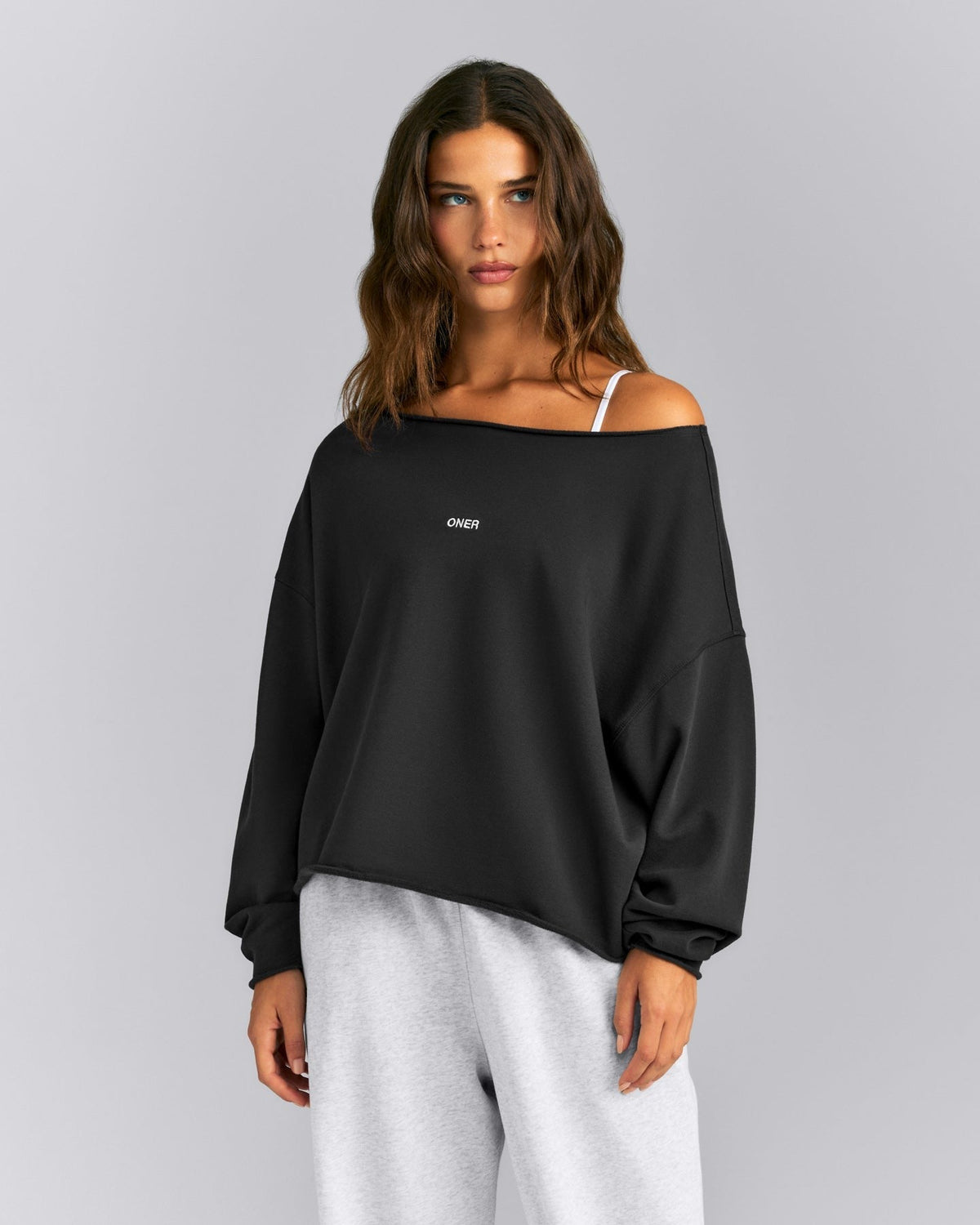 Cotton Vintage Lounge Off-The-Shoulder Sweatshirt | Washed Black