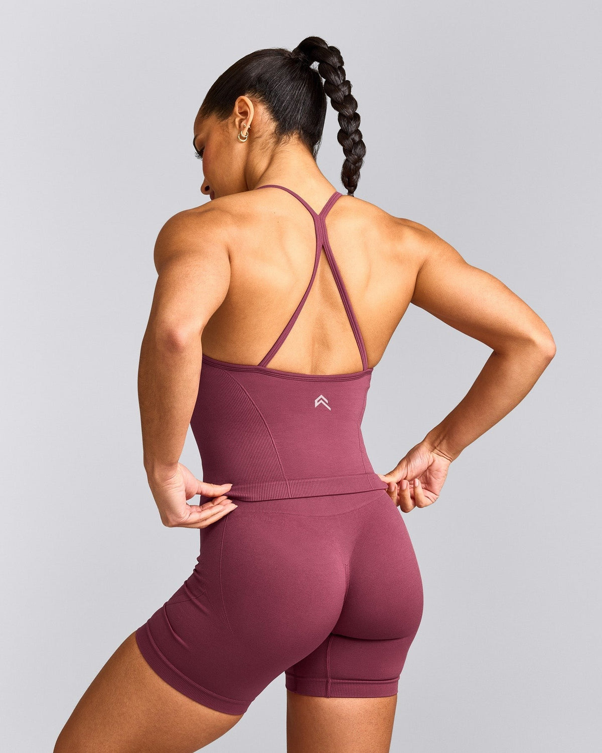 EnhanceLiftTM Seamless Strappy Racer Tank Top with Built in Bra Shelf | Burnt Maroon Red
