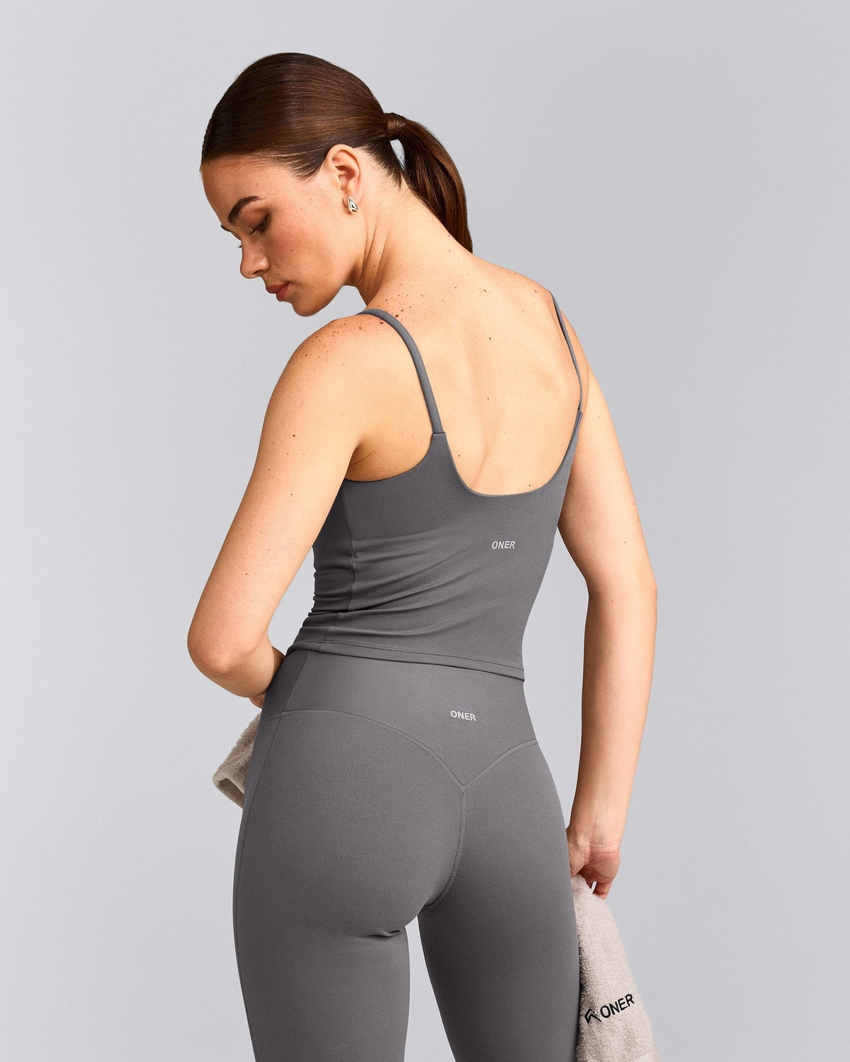 SoftMotionTM Strappy Mid Tank Top with Built in Bra Shelf | Ash Gray