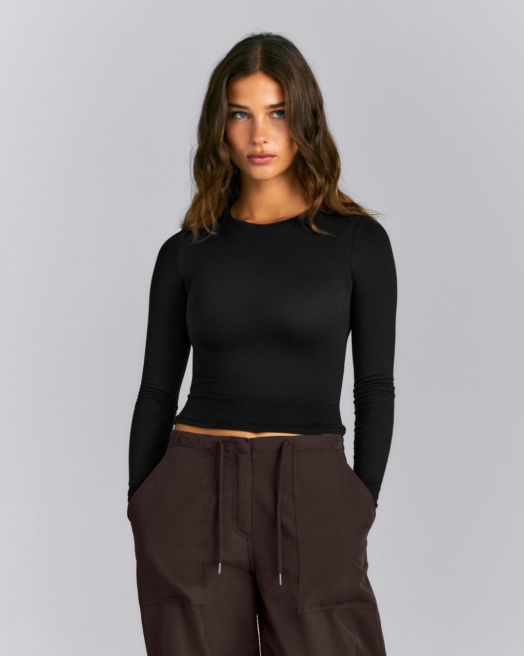 Fitted Cotton Long Sleeve Crew Neck Top | Black